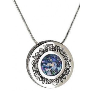 Sterling Silver Pendant with Roman Glass and Jerusalem Engraving-Rafael Jewelry Día de Jerusalén