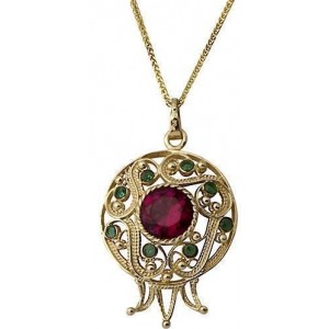 14k Yellow Gold Pendant with Ruby & Emerald in Pomegranate Shape Rafael Jewelry Designer Israeli Jewelry Designers