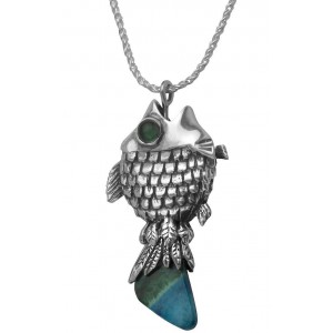 Sterling Silver Fish Pendant with Eilat Stone & Emerald by Rafael Jewelry Joyería Judía