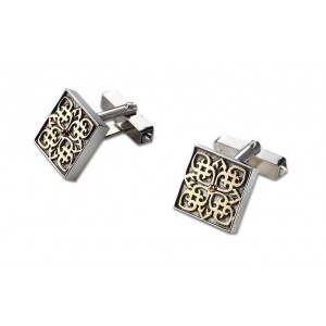 Square Cufflinks in Sterling Silver & 9k Gold Ornament by Rafael Jewelry Boutons de Manchette