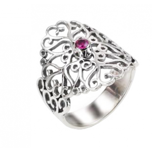 Rafael Jewelry Sterling Silver Ring with Ruby in Heart Cutouts Joyería Judía