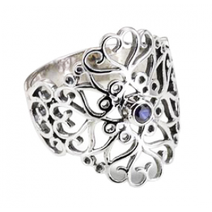 Rafael Jewelry Sterling Silver Ring with Sapphire in Heart Cutouts Israeli Jewelry Designers