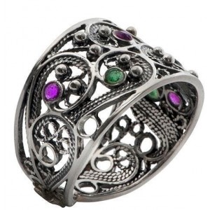 Sterling Silver Ring Filigree & Emeralds and Ruby by Rafael Jewelry Israeli Jewelry Designers