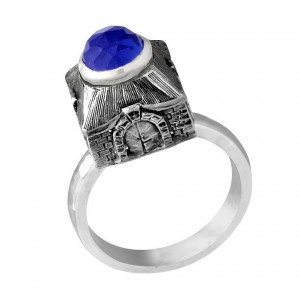 Rafael Jewelry Sterling Silver Ring with Sapphire and Jerusalem Gates Israeli Jewelry Designers
