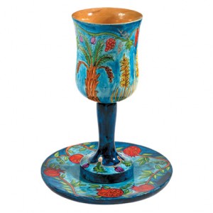 Yair Emanuel Large Wooden Kiddush Cup and Saucer with The Seven Species Ocasiones Judías