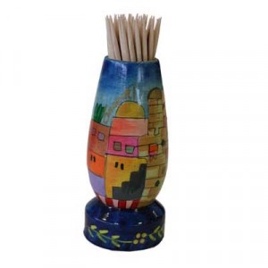 Yair Emanuel Painted Wooden Toothpick Stand with Jerusalem Vista Kitchen Supplies
