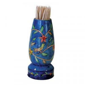 Yair Emanuel Hand Painted Toothpick Stand with Birds and Branches in Wood Cadeaux de Rosh Hashana