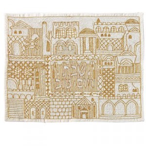 Yair Emanuel Hand Embroidered Challah Cover with Jerusalem City Design In Gold Tapas para Jalá
