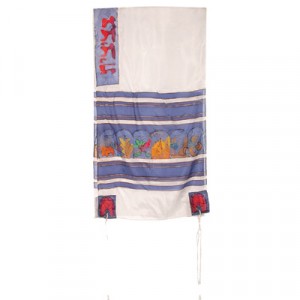 Yair Emanuel Hand Painted Tallit with Twelve Tribes Insignia in White Silk Ocasiones Judías