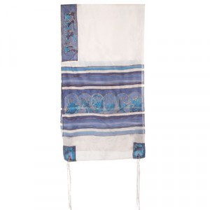 Yair Emanuel Hand Painted Tallit with Twelve Tribes in White and Blue Silk Modern Tallit