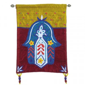 Yair Emanuel Raw Silk Embroidered Wall Decoration with Hamsa and Flowers in Blue