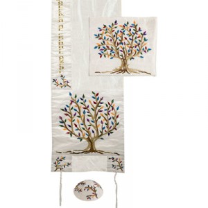 Colorful Yair Emanuel Raw Silk Tallit with Matching Bag and Kippa - Tree of Life Modern Tallit