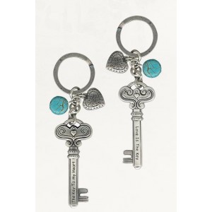 Silver Keychain with Skeleton Key Design, English Text and Heart Charms Israeli Art
