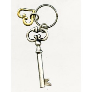 Brass Keychain with Large Skeleton Key and Silver Heart Charm Israeli Art