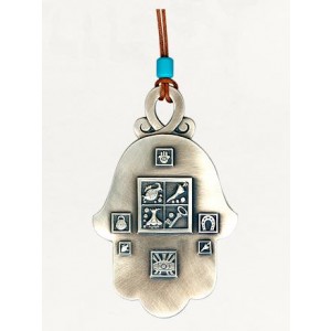 Silver Hamsa with Blessing Symbols, Leather Cord and Turquoise Bead Hamsa