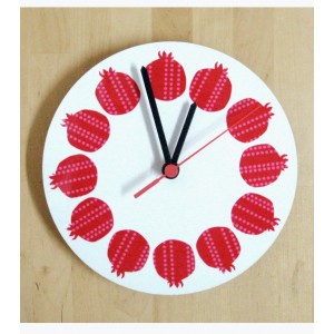 White Analog Clock with Red Striped Pomegranates by Barbara Shaw Hogar y Cocina