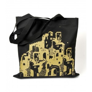 Black Canvas Jerusalem Tote Bag with Numerous Shapes by Barbara Shaw Hogar y Cocina