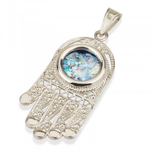Hamsa Amulet in Silver with Roman Glass Collares y Colgantes