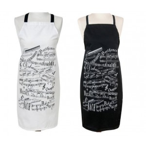 White Cotton Apron with Musical Notes in Black Aprons and Oven Mitts