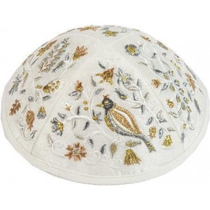 Kippah with Gold & Silver Embroidered Birds & Flowers- Yair Emanuel Kipot
