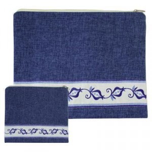 Tallit & Tefillin Bags Set in Blue Linen with Pomegranates Talitot