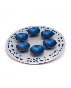 Blue Aluminum Seder Plate with Hebrew Text and Six Bowls Platos de Seder