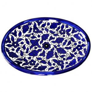 Armenian Ceramic Oval Plate Blue and White Floral Design Cerámica Armenia