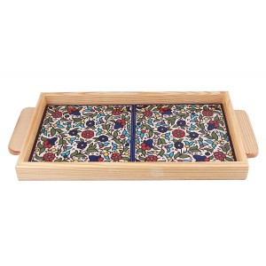 Armenian Ceramic Tray with Wooden Border and Floral Design Cerámica Armenia