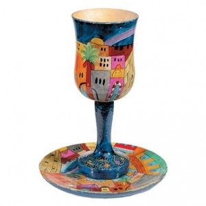 Yair Emanuel Large Wooden Kiddush Cup and Saucer with Jerusalem Depictions Judaíca
