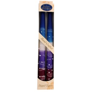 Wax Shabbat Candles by Safed Candles with Blue, Purple, White and Red Stripes Shabat
