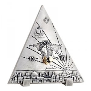 Silver Triangle Clock with Jerusalem Image and World Map Danon
