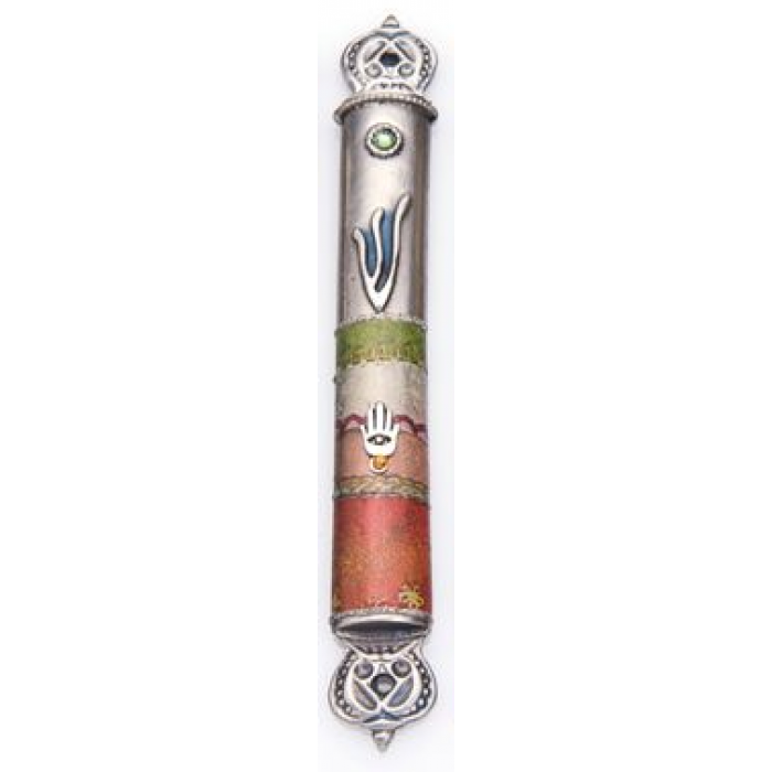 Pewter Mezuzah with Hamsa and Striped Cover