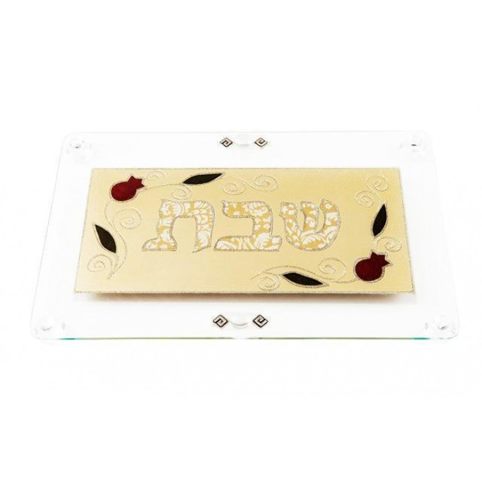 Glass Challah Board with Shabbat Text and Pomegranate