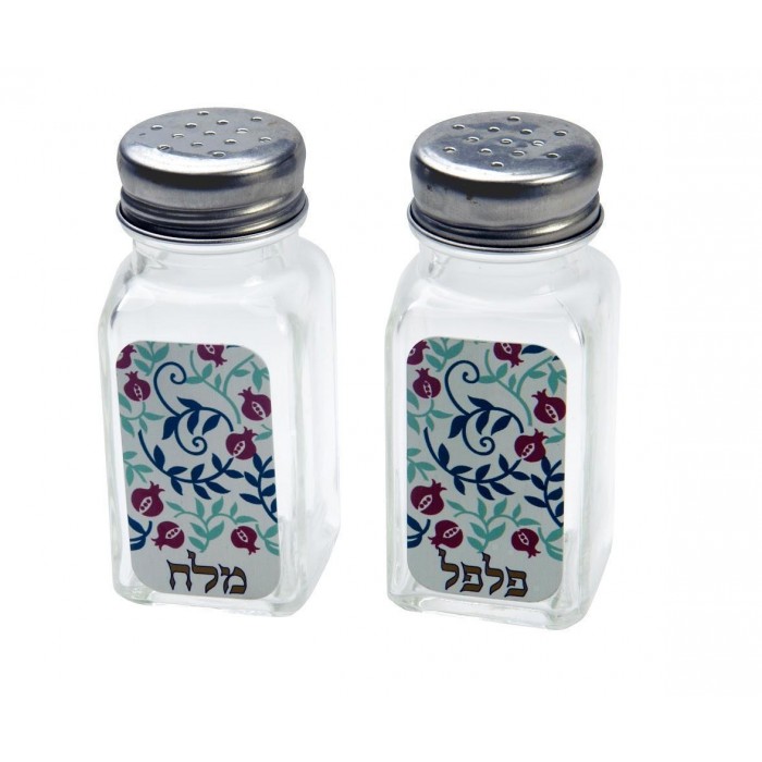 Glass Salt & Pepper Shakers with Red Pomegranates and Green Leaves