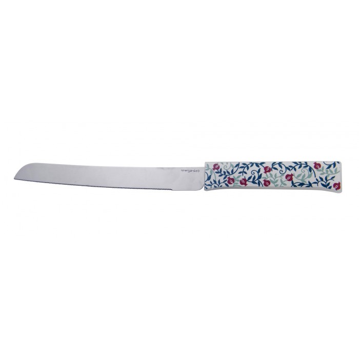 Challah Knife with Red Pomegranates and Green Leaves