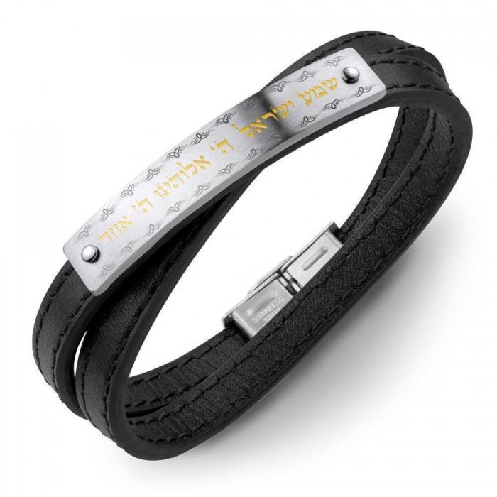Men’s Bracelet in Leather with Shema Israel Verse in Stainless Steel and Gold Coating