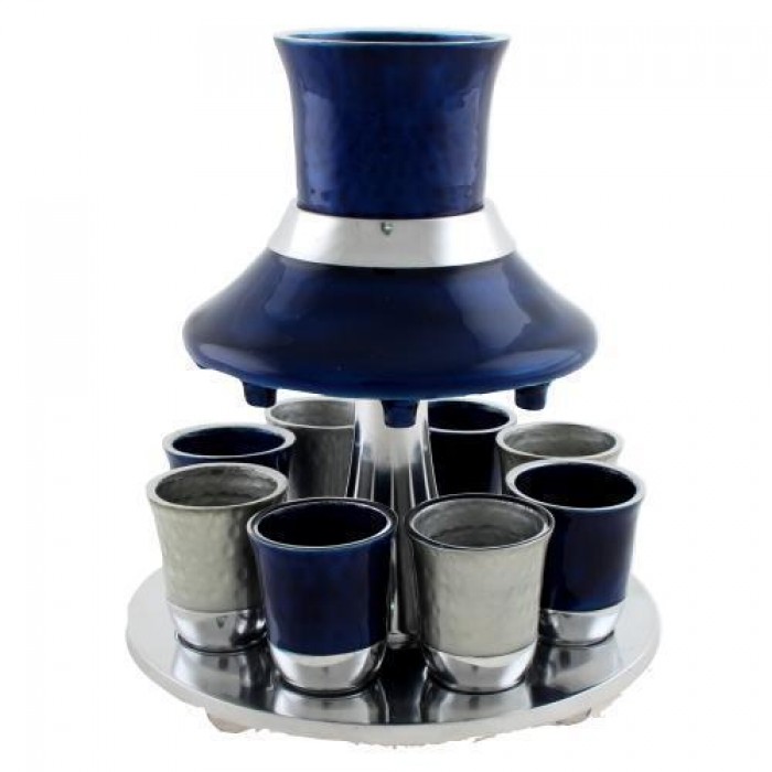 Kiddush Fountain Eight Wine Cups in Aluminum Blue & Silver