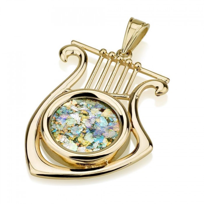 David's lyre Pendant 14K Yellow Gold with Roman Glass by Ben Jewelry