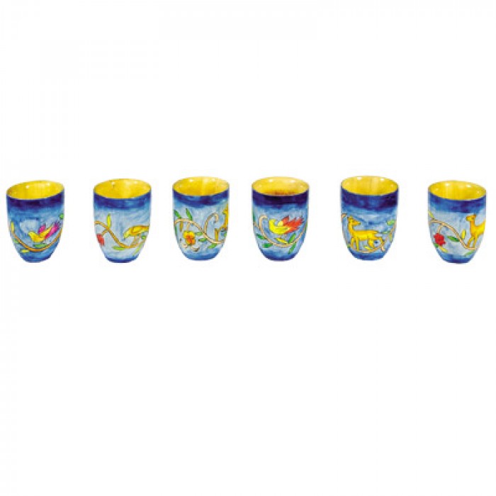 Yair Emanuel 6 Wooden Kiddush Cup Set with Oriental Design