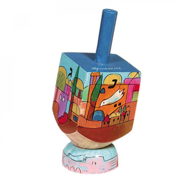 Yair Emanuel Small Wooden Dreidel with Panoramic view of Jerusalem and Stand