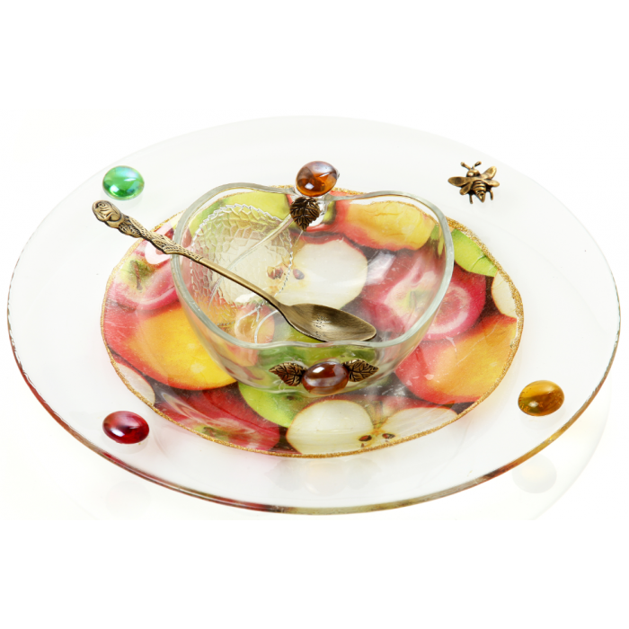 Glass Rosh Hashanah Honey Dish on Stand with Picture of Apples