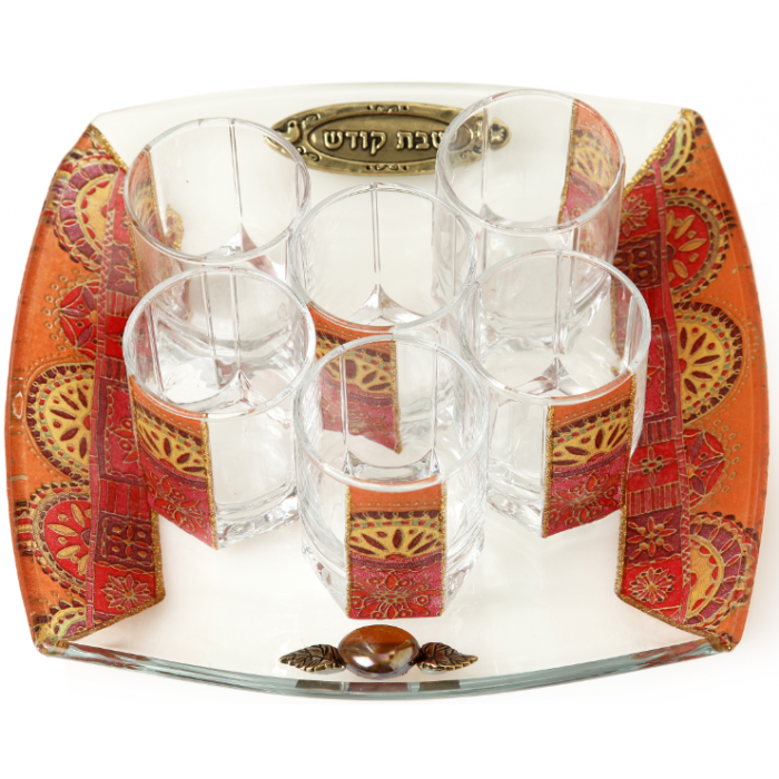 Glass Wine Cup Set with Tray and Six Cups Decorated with Mosaic Pattern