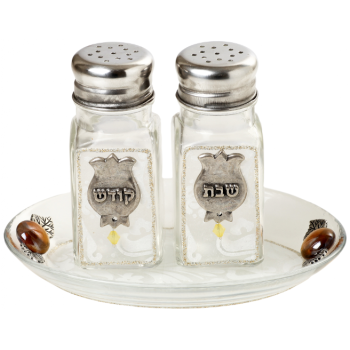 Shabbat Glass Salt and Pepper Shakers with White Flowers