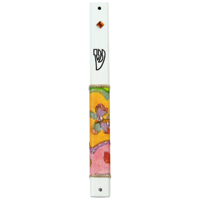 Metal Mezuzah of White with Butterfly