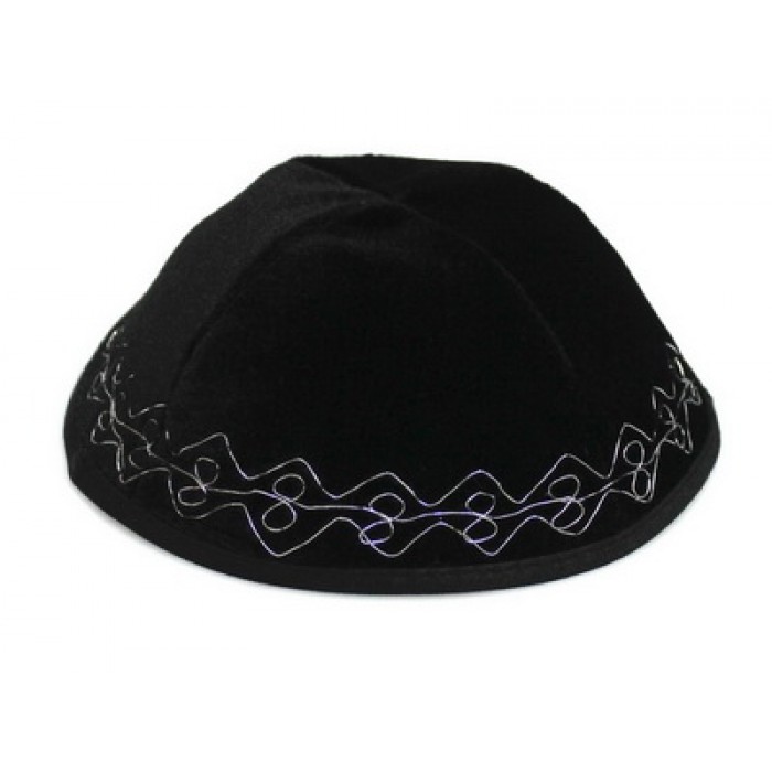 Black Velvet Kippah with Four Sections and Embroidered Silver Lines