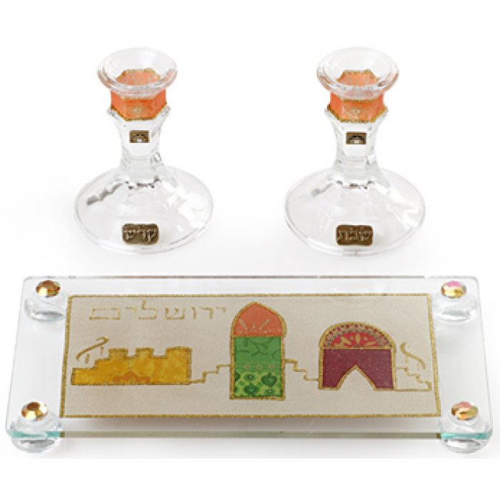 Crystal Shabbat Candlesticks with Jerusalem Illustration and Tray