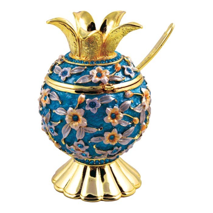 Turquoise Acrylic Honey Dish with Floral Pattern, Pomegranates and Spoon