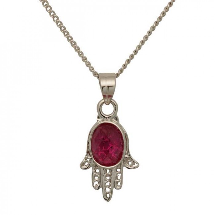 Rhodium Plated Pendant with Hamsa Design and Ruby