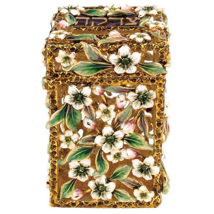 Gold Plated Metal Tzedakah Box with Floral Pattern and Green Crystals