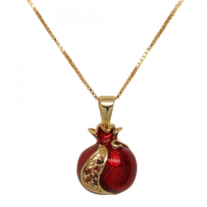 Gold Plated Pomegranate Pendant with Synthetic Garnets and Wine Enamel